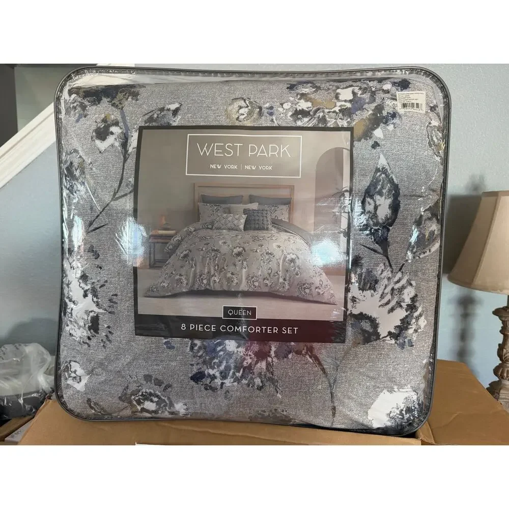 West Park Queen 8 Piece Comforter Set Floral Gray Blue White 100% Polyester